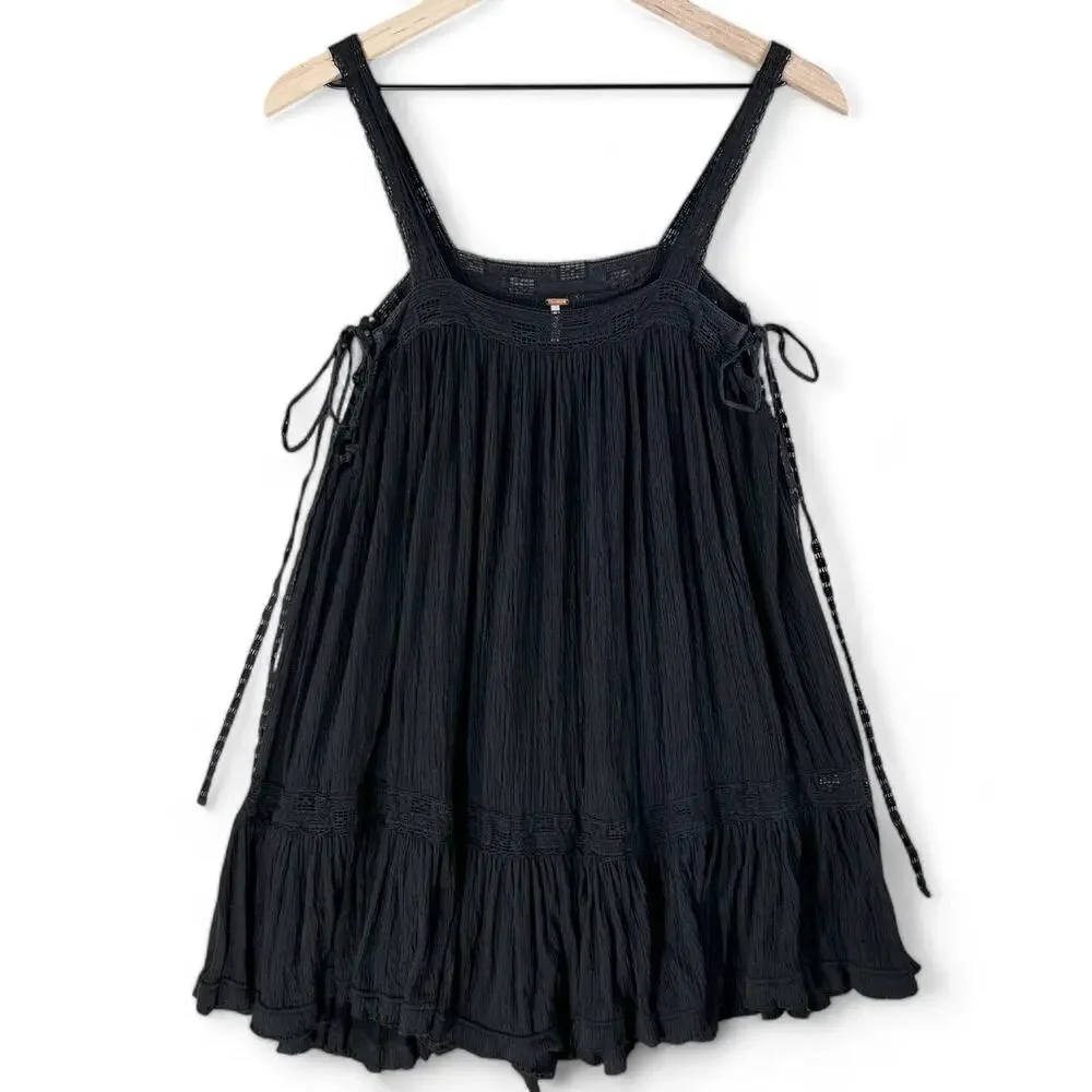 Free People Sweet Thing Bohemian Tunic Dress Witchy XS Black Crochet Whimsygoth - Picture 3 of 9